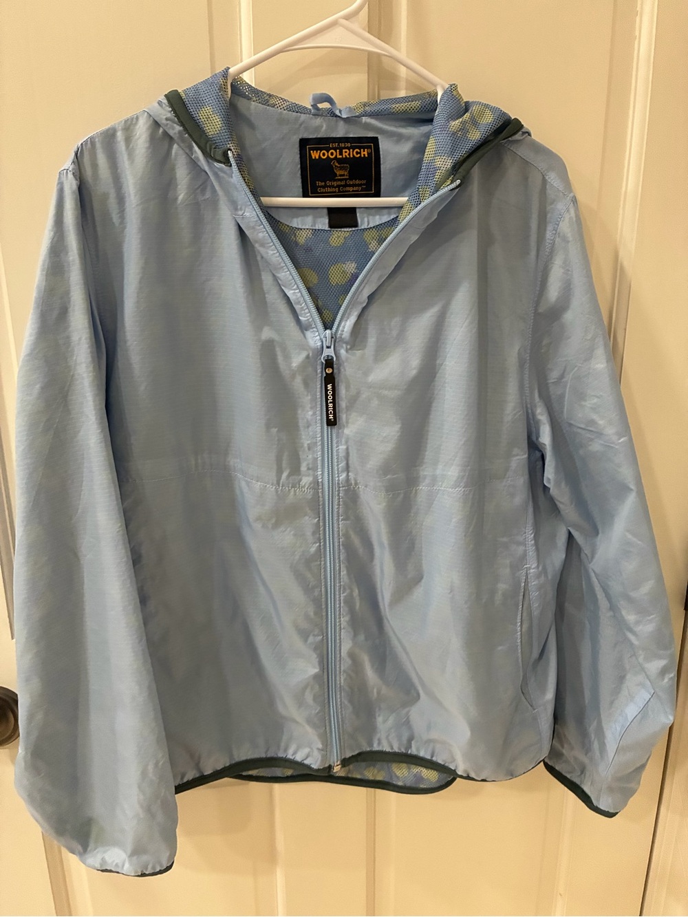 Woolrich Women’s Pale Blue Hooded Raincoat with Purple and Yellow Mesh Lining